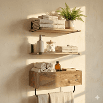 Autumn Alley Rustic Farmhouse Bathroom Shelves Wall Mounted – Industrial Floating Shelves for Bathroom With Towel Bar – Stunning Inlaid Wood Design, Above Toilet Shelves Rustic Towel Rack