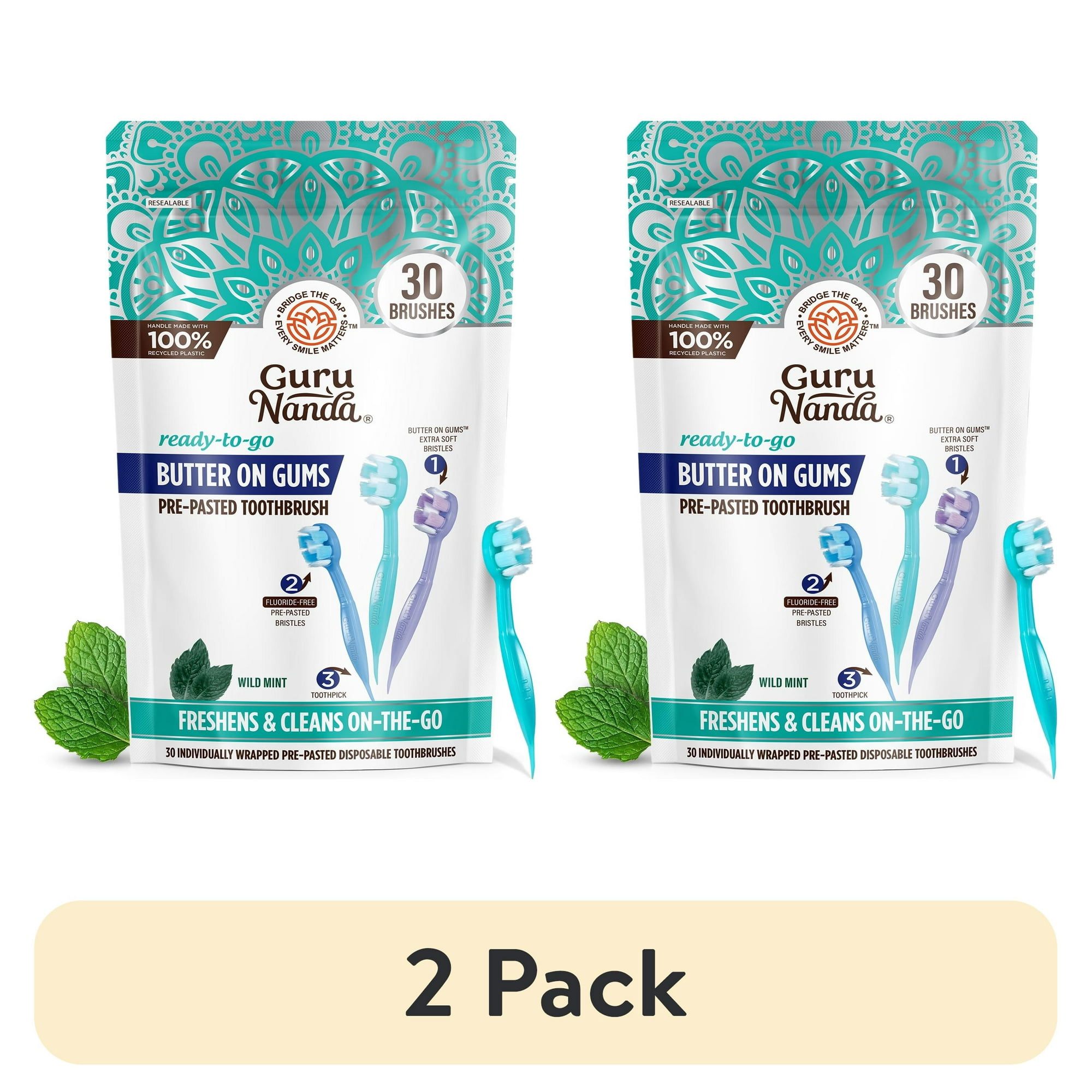 (2 pack) GuruNanda Butter on Gums Mini Travel Toothbrushes with Toothpaste, Soft Bristles, 30 Count