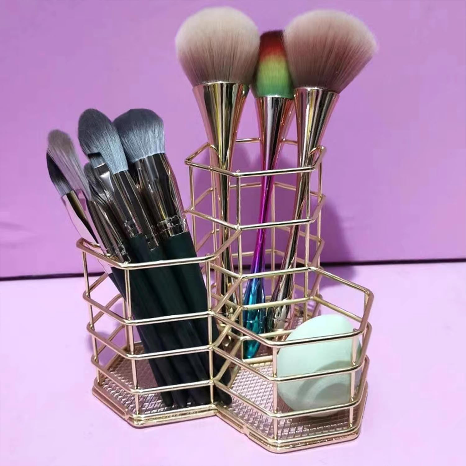 Metal Desk Organizer,Pencil Holders & Cosmetic Storage,Stylish Gold Desk Organizer for Pencils, Makeup Brushes,Gold Pen Holder with 3 Different Height Compartments - Elegant Desk Accessories