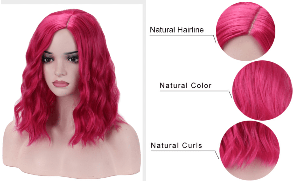 RightOn Hot Pink Wig Short Curly Bob Wig Hot Pink Wigs for Women Girls Beach Wave Wigs with Wig Cap