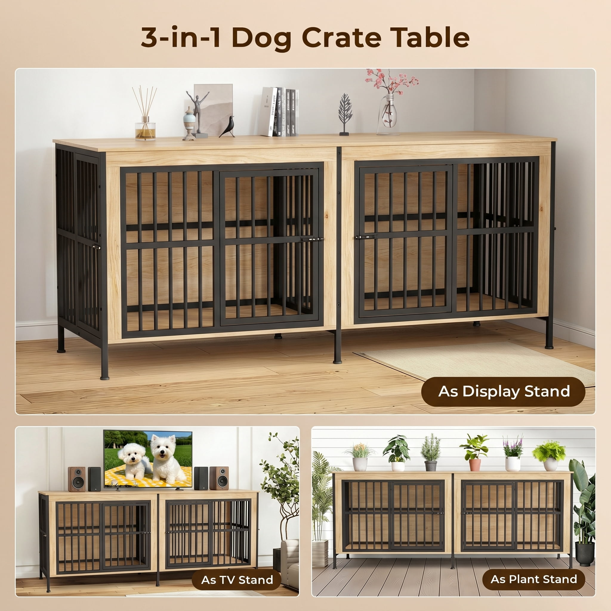 Ironovahome 88" Dog Crate Furniture for 2 Large Dogs with Sturdy Removable Divider and Double Doors, XXL Extra Large Indoor Dog Kennel, Thick Heavy Duty Wooden Dog Cage, Ivory