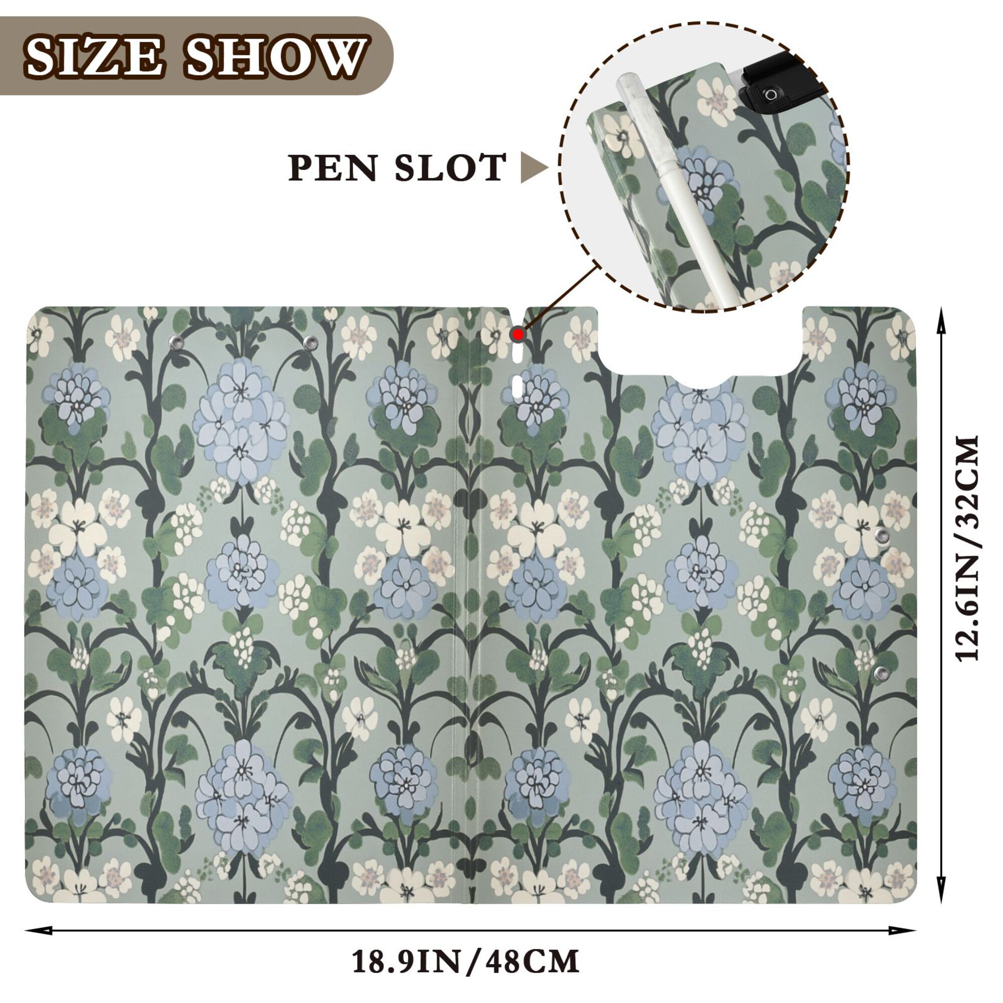 FORMRS A4 Clipboard Folder with Pen Holder Horizontal Foldable School Office Binder, Blue Blossom