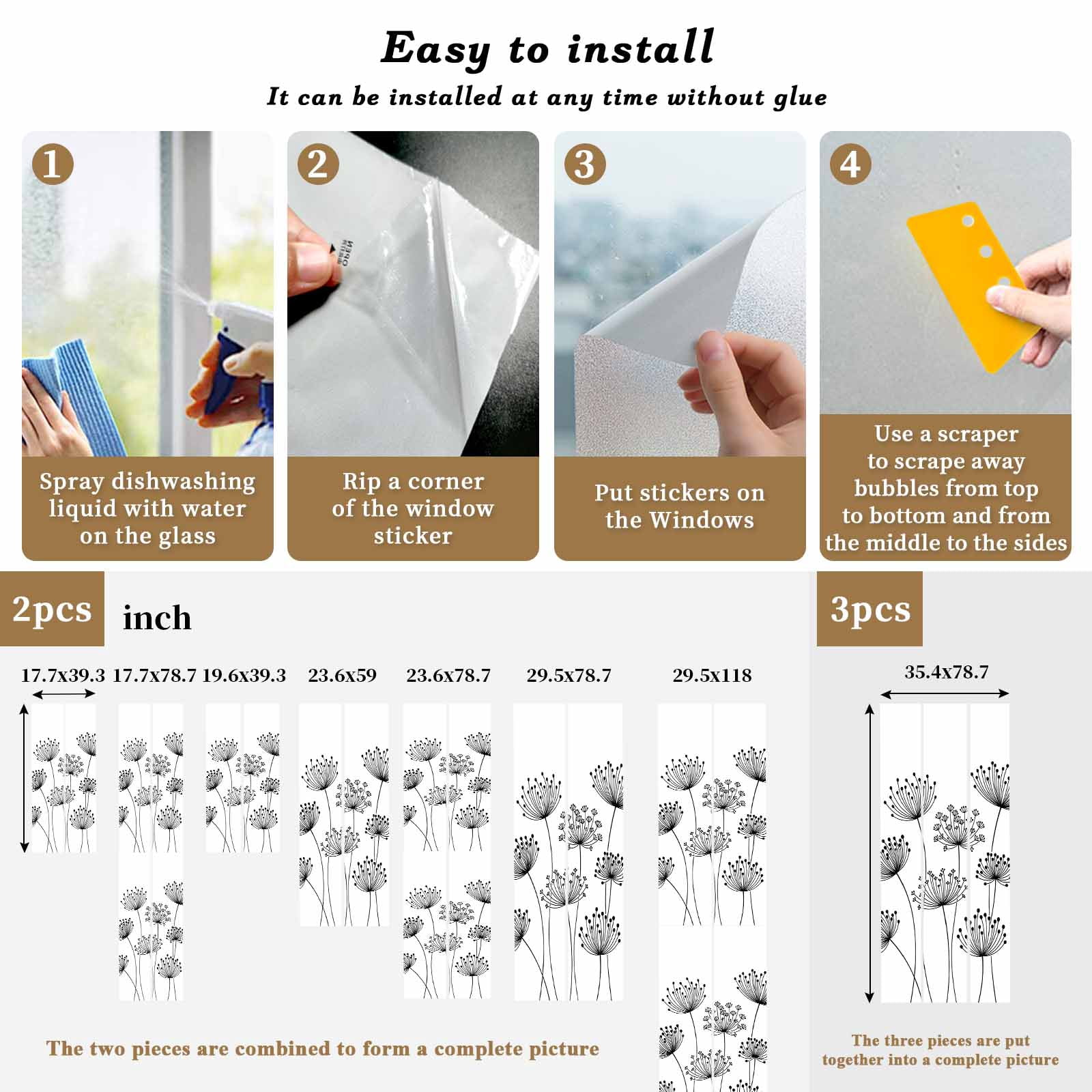 Black Dandelion Window Privacy Film, Country Modern Minimalist Flower Static Cling UV Sun Blocking Tint Film Heat Control Windows Films for Bedroom Bathroom, Window Stickers 29.5"x78.7"