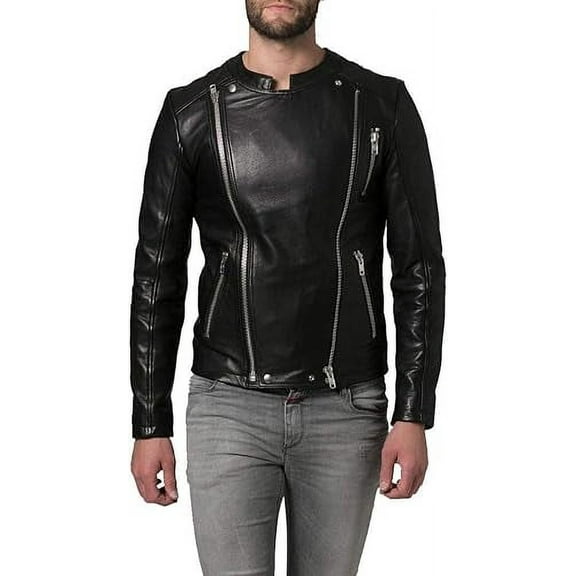 Mens Sheepskin Real Leather Jacket Zipper Biker Moto Slim Fit Jacket MJF039