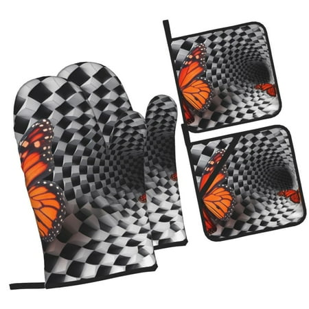

Pofeuu Butterflies Optical Illusion Print Oven Mitts and Pot Holders 4 pcs Set High Heat Resistant 500 Degree Extra Thicken Long Kitchen Cotton Oven Glove for Cooking