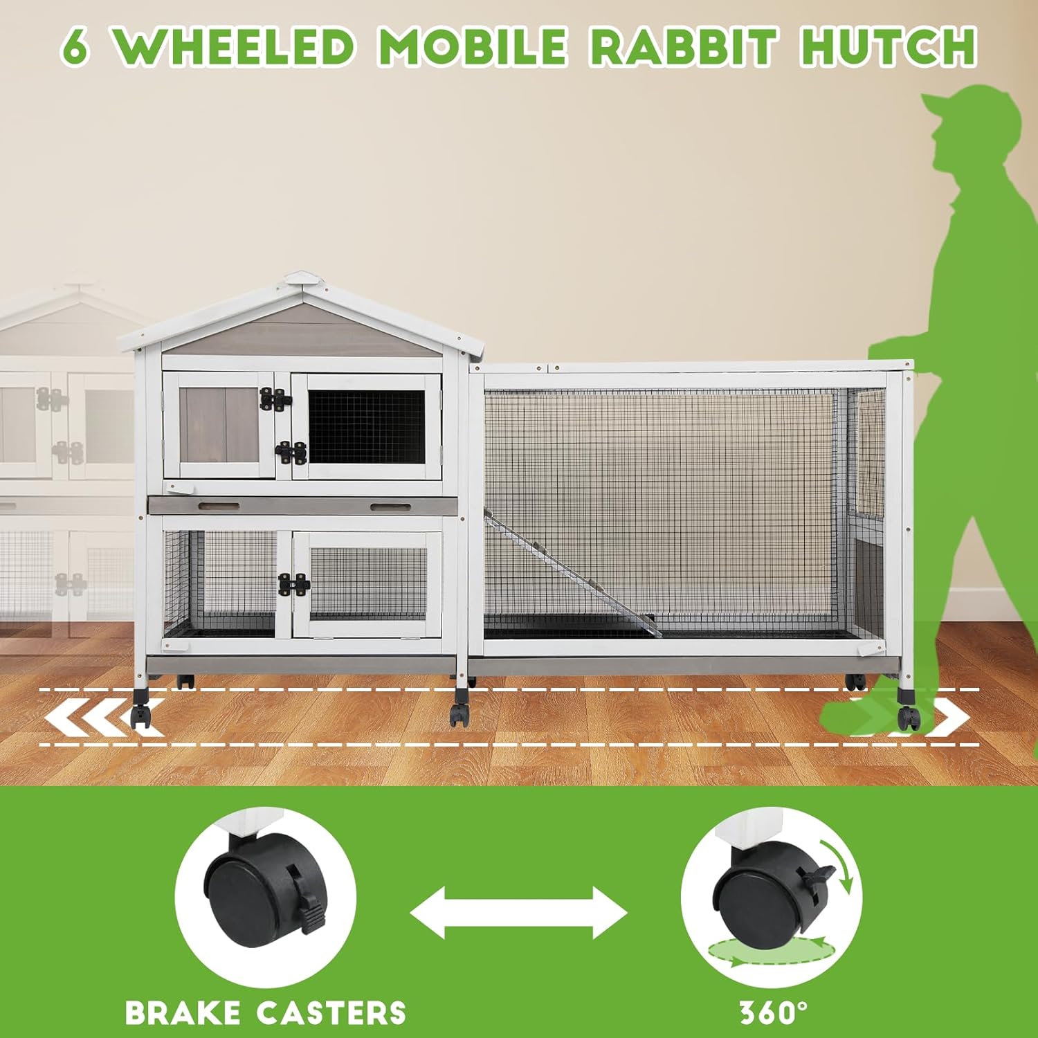 Gowoodhut Large Rabbit Hutch Outdoor with 6 Wheels, Wooden Indoor Bunny House Rabbit Cage with Run, for Small to Medium Pets