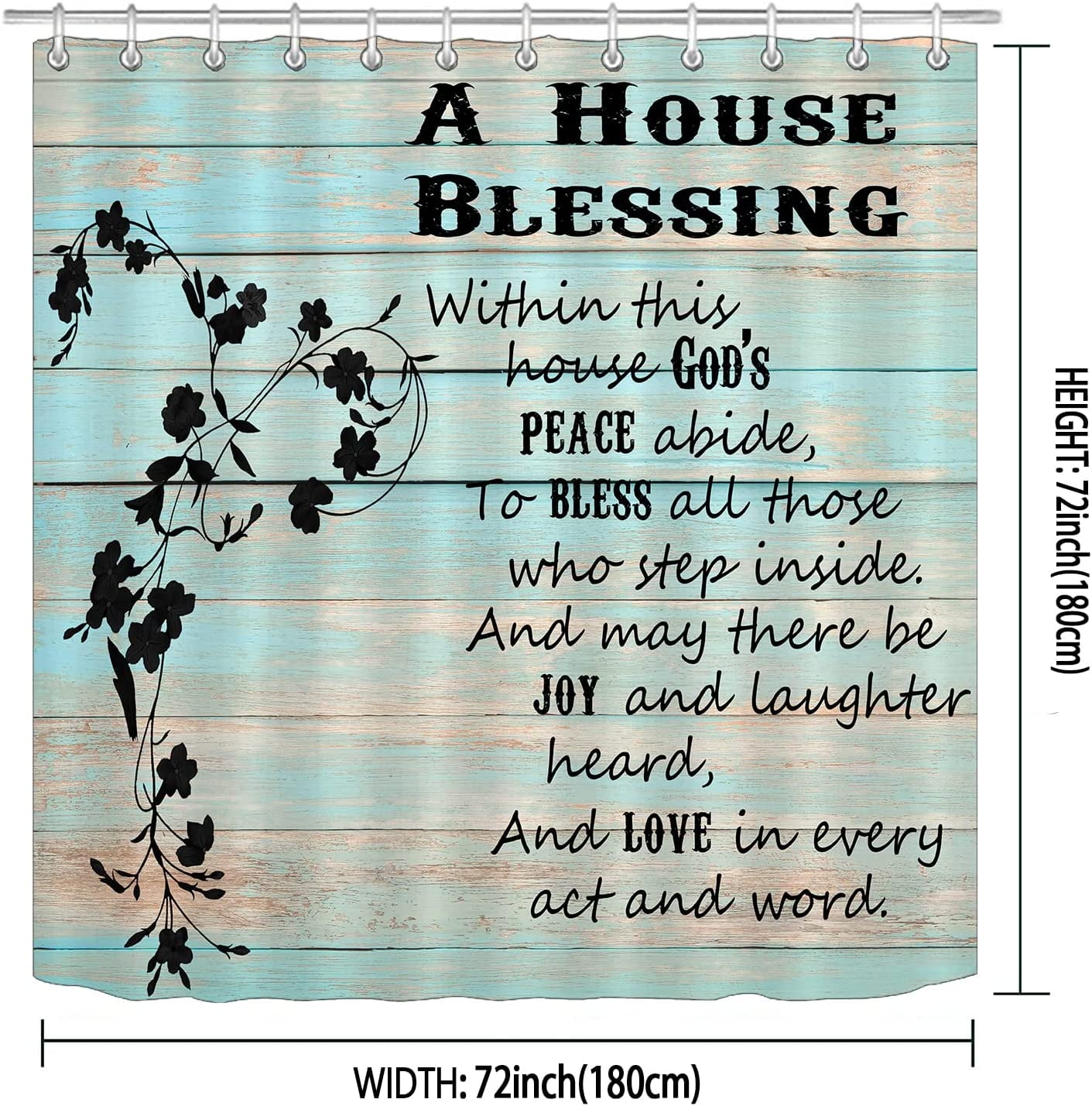 Inspirational Quotes Shower Curtain, Mint Green Country Wood Planks Black Flower Rustic Farmhouse Bathroom Decor, Waterproof Polyester Fabric Shower Curtain, 72x72 Inch, A House Blessing