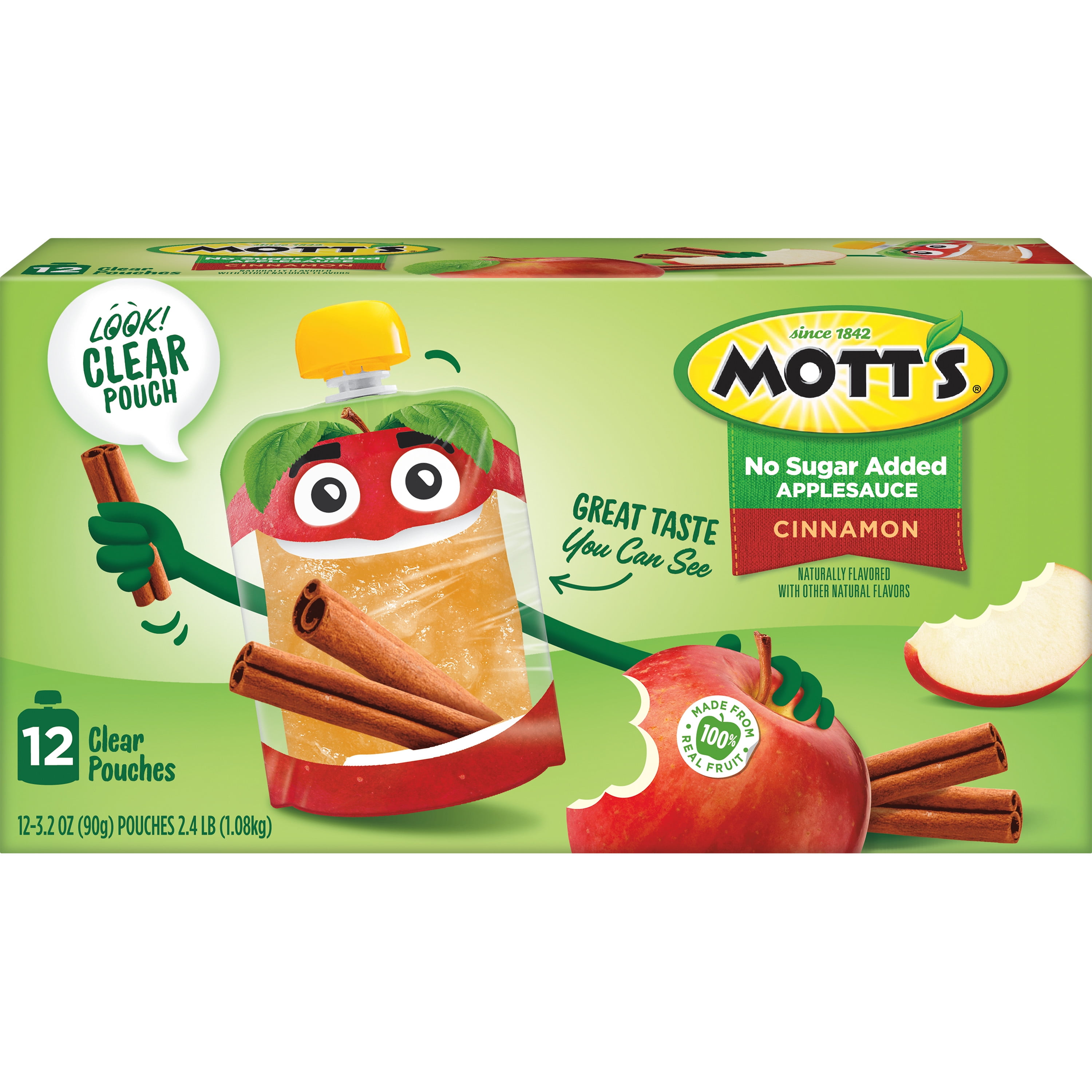 Mott's No Sugar Added Cinnamon Applesauce, 3.2 oz, 48 Count Clear Pouches (4 Packs of 12)