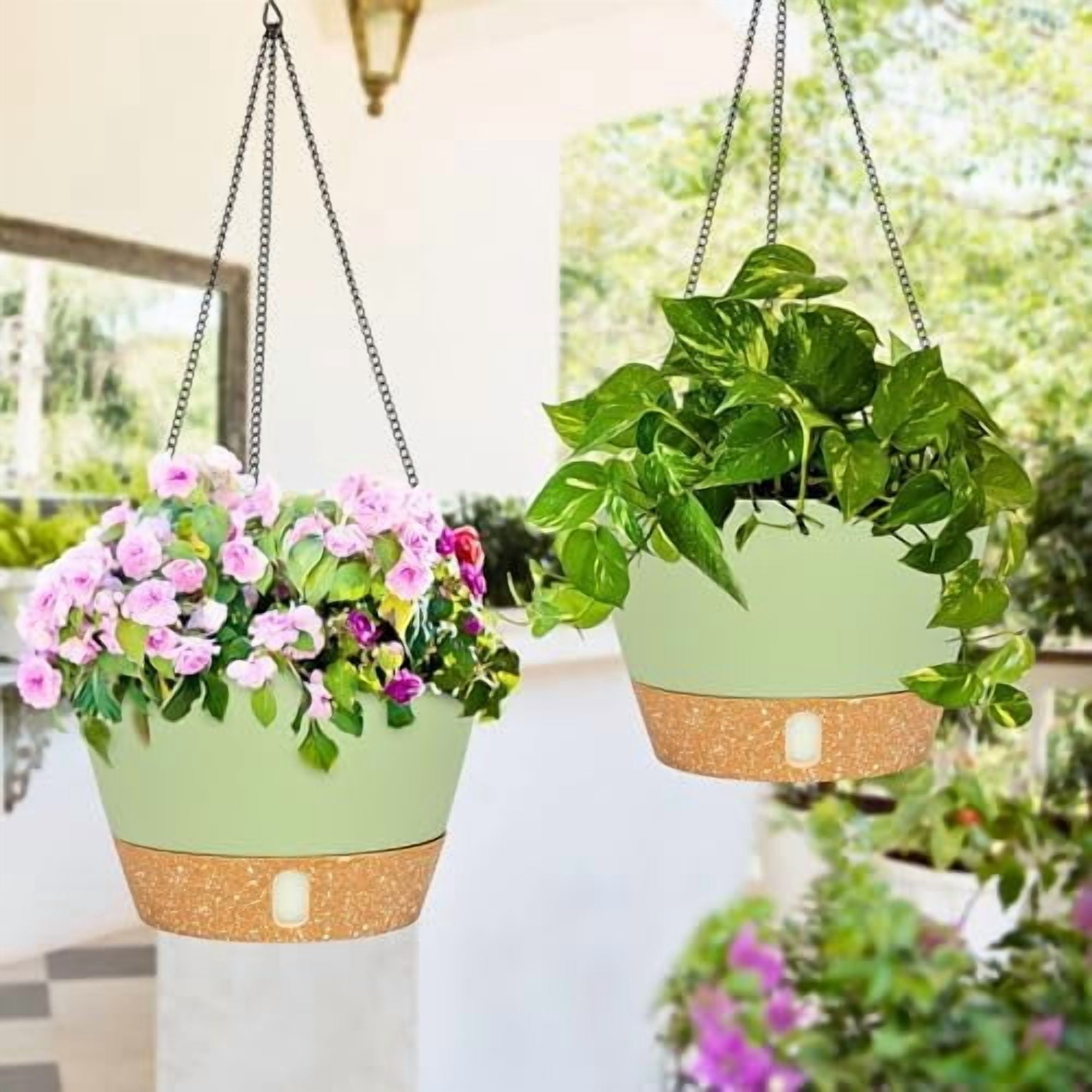 2 Pack Hanging Planters for Indoor Outdoor Plants, 8 Inch Hanging Baskets Flower Pots with Reservoir Tray & Visible Water-Level Green,8 inch