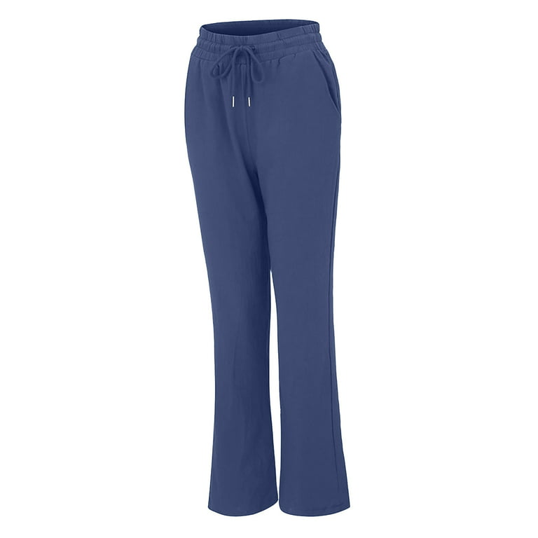 Ruziyoog Pants Women Casual Cotton and Linen Solid Drawstring Elastic Waist  Long Straight Pants Blue S 