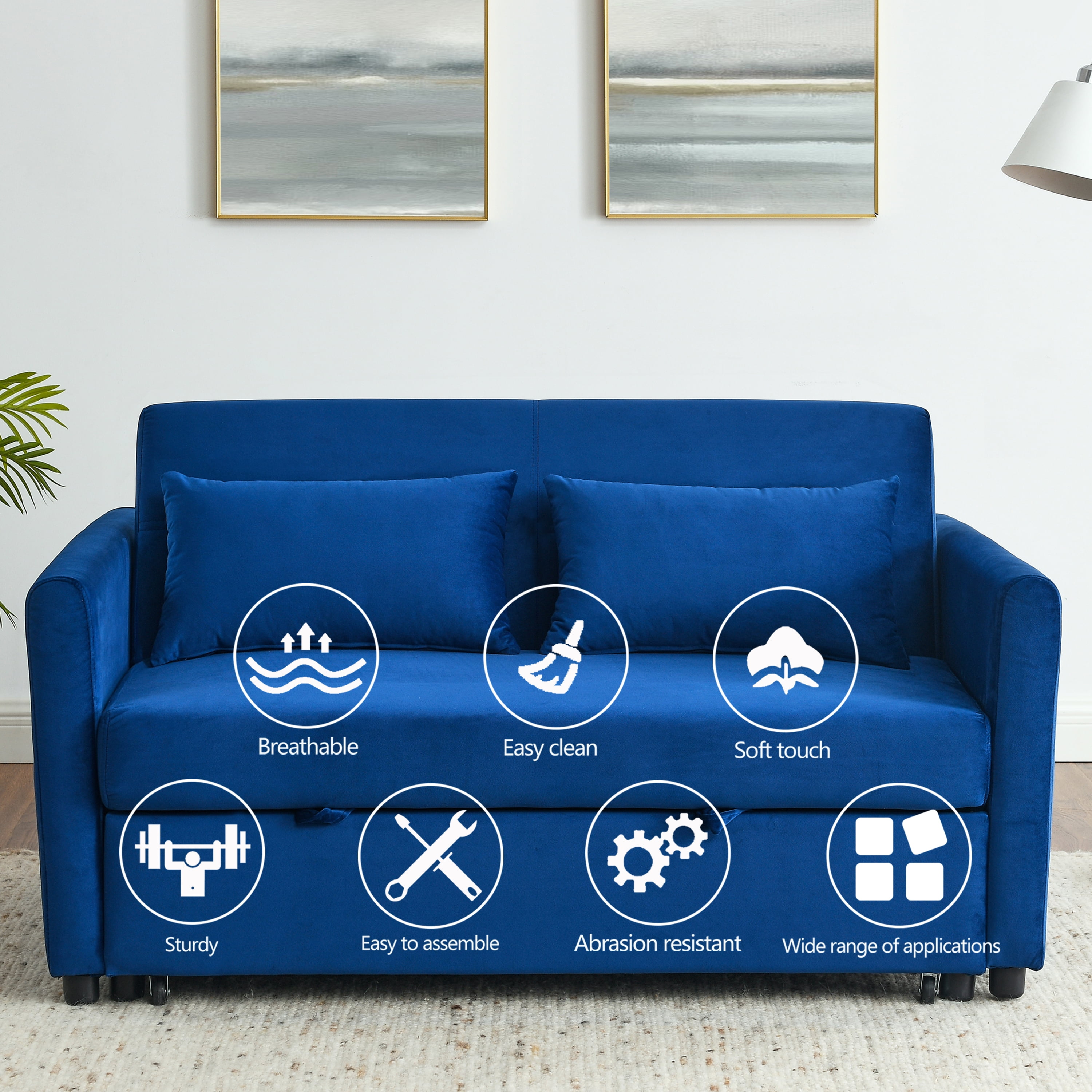 Momspeace&nbsp;Pull Out Sofa Bed Sleeper Sofa Couch Sofa Bed with Adjustable Backrest Velvet Loveseat For Living Room - Blue