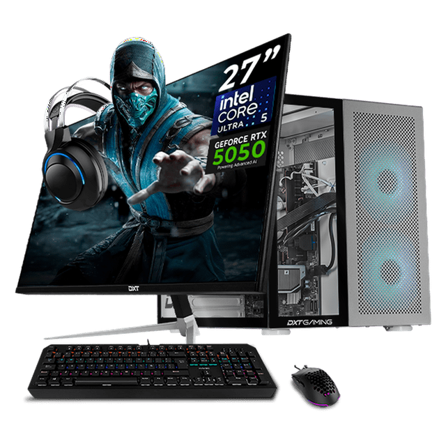 Computadora Gamer Completa DXT GAMING NVIDIA GeForce RTX 5050 Intel Core Ultra 5 225F 32GB DDR5 SSD 1TB Monitor 27 165Hz Sistema Liquido WIFI BT W11 Silver gaming estable