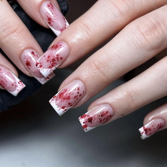 Blood Splatter Press on Nails Medium Square Fake Nails Halloween Nails Press on with Design,Reusable Artificial Nail Glossy Full Cover Glue on Nails Stick on Nails for Women Manicure 24Pcs