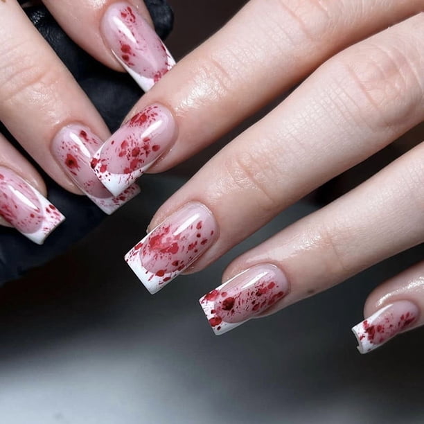 Uñas postizas con diseño de armadura francesa blanca, puntiagudas y rojas, con efecto roma y desmontable, para Halloween