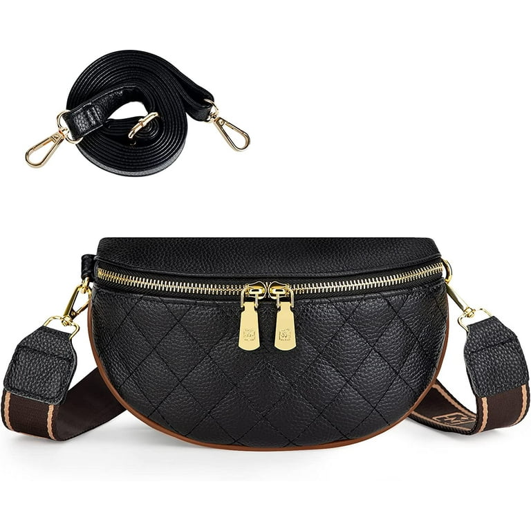 LAIBMFC Cross Body Bag Shoulder Purses for Women Trendy Black Small Genuine Leather Belt Sling Bum Fashion Fanny Pack Crossbody Bags Cute Designer