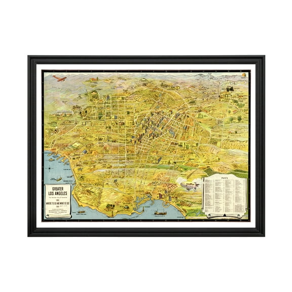 Los Angeles Art, 1932 Vintage Map of Los Angeles California, CA History Wall Decor Gift, Old Los Angeles Map - 24" x 18" Black Framed Print