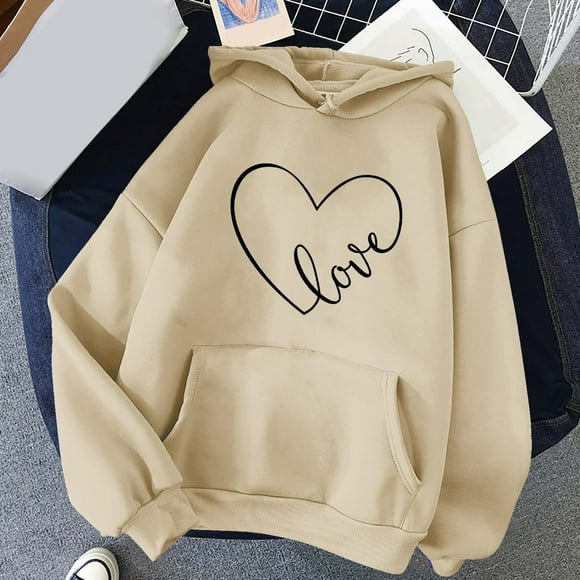 EGNMCR Womens Pullover Hoodie Sweatshirts Casual Long Sleeve Tunic Tops with Pocket Valentine's Day Heart Print Oversized Hoodies on Clearance