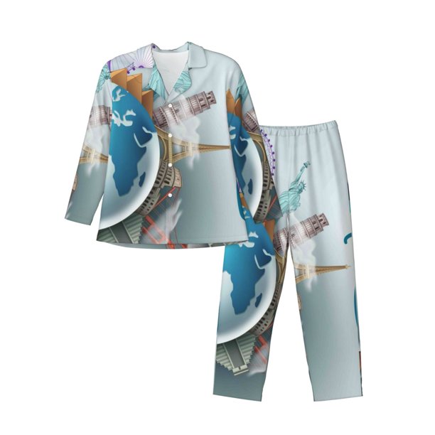 Balery Let's go Travel Around the World Pijama para Hombre de Dos Piezas con Manga Larga, Conjunto de Dormir y Descanso Suave con Bolsillos-XX-Large
