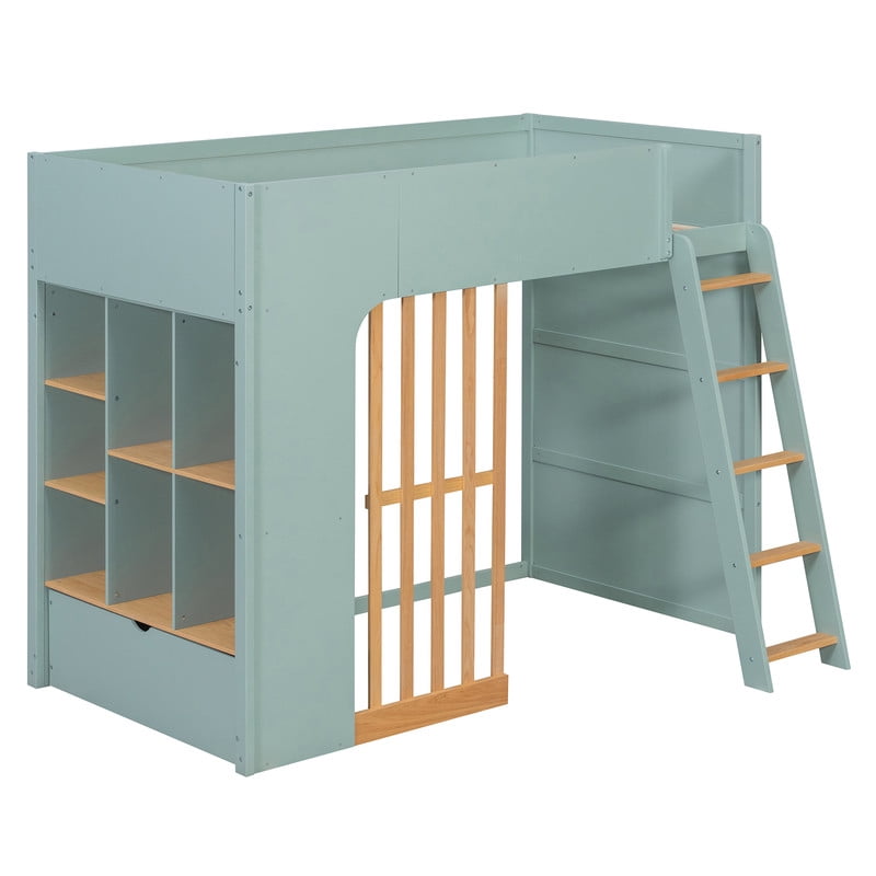 Twin Size Kids Loft Bed with Shelves, Wooden High Profile Teens Storage Bed Frame with Ladder and Removable Large Drawer