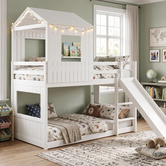 Homy Casa Twin Over Full House Bunk Bed with Slide and Roof, Wood Loft Bed Frame with Guardrails and Slats, White