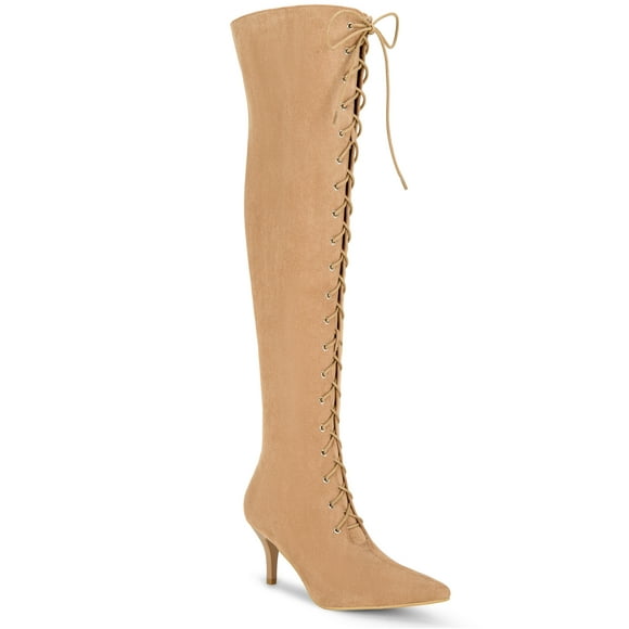 BLISSFUL STEP Women's Lace Up Stiletto Heel Over the Knee High Boots Khaki (Size 7.5)