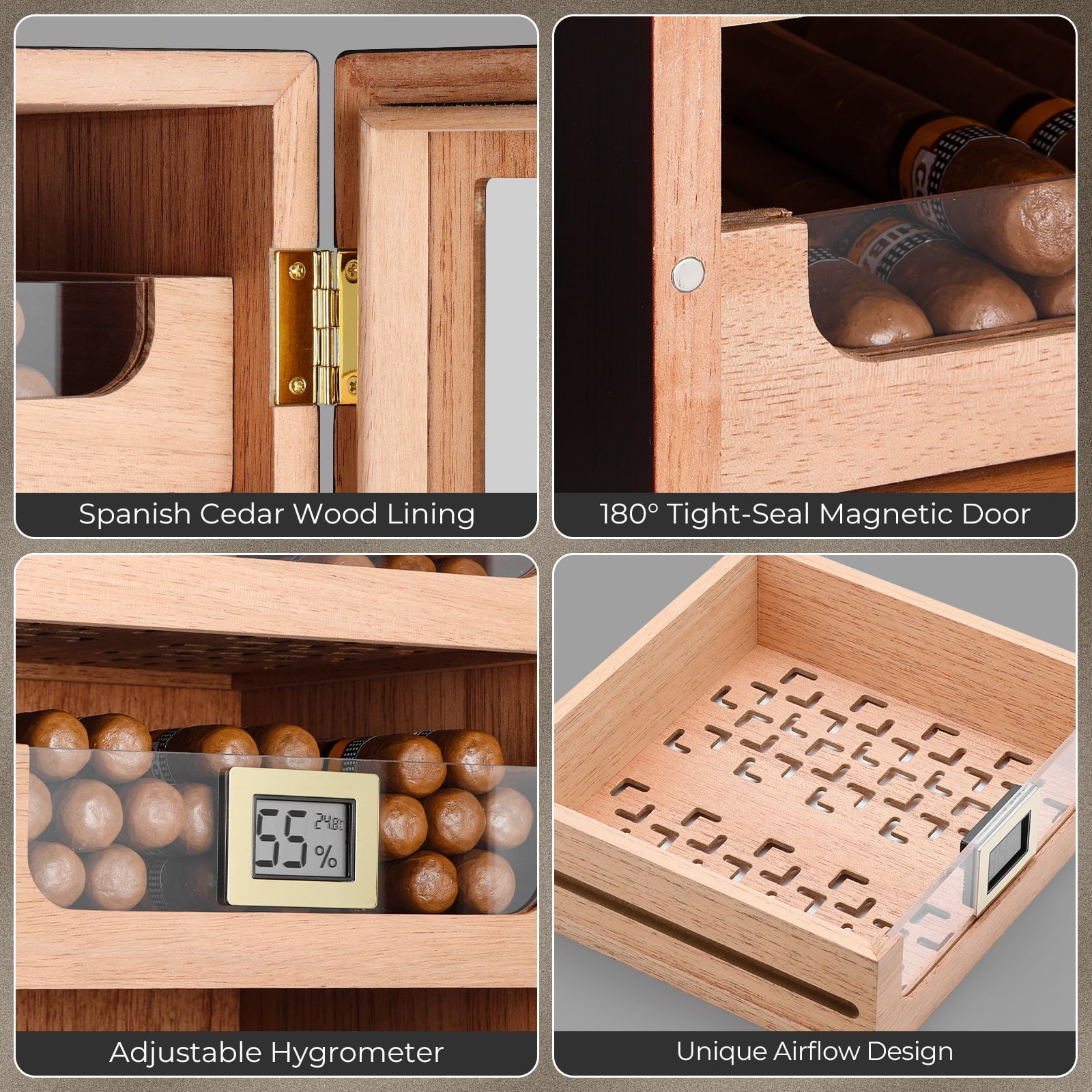 GLENCREAG MET-1031 Cigar Humidor Cabinet for 100 to 150 Cigars with Spanish Cedar Lining, Tight-Seal Magnetic Door, 3+1 Large Capacity Drawers
