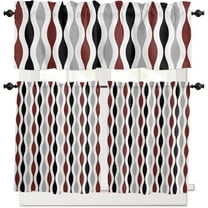 3 Piece Geometric Medieval Print Kitchen Curtains, Tier and Valance Rod Pocket Window Curtains Set Abstract Red Grey Black Cafe Curtains for Kitchen Valances Window Treatment 54X18in 27x24in×2