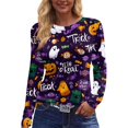 thumbnail image 5 of Yuaguia Women Halloween Trick Or Treat Print Long Sleeve T-Shirt, Spooky Side Split Crewneck Casual Autumn Fall Top for Daily Wear, Work, and Holiday Parties, Purple M, 5 of 6