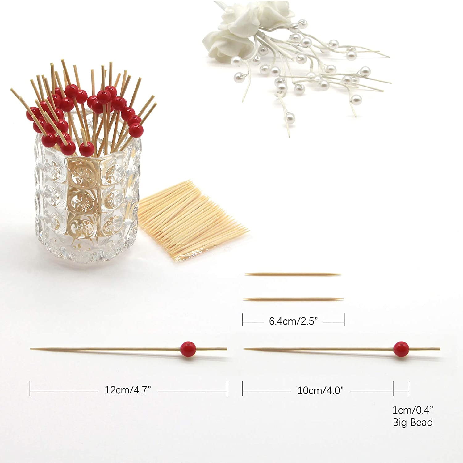 Red Pearl Bamboo Cocktail Picks 4.7 Inch Long Fancy