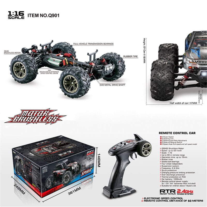 FMT Brushless 52km/h High Speed RC Cars 1:16 Remote Control Monster Truck 4WD All Terrain Off-Road 2.4Ghz Shockproof Waterproof RTR Hobby Cars (Blue)