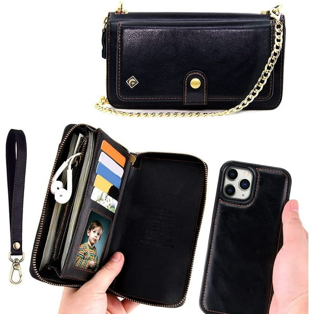 Bqhagfte Crossbody Wallet Case For Iphone 12 Pro Max Leather Wallet Case Detachable Magnetic 14 Card Zipper Purse Crossbody Chain Wrist Strap Design