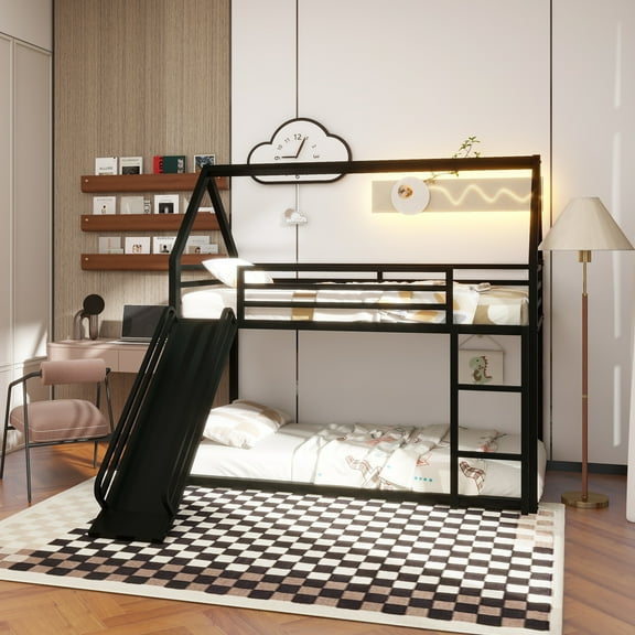 Twin over Twin House Bunk Bed with Ladder and Slide,Black