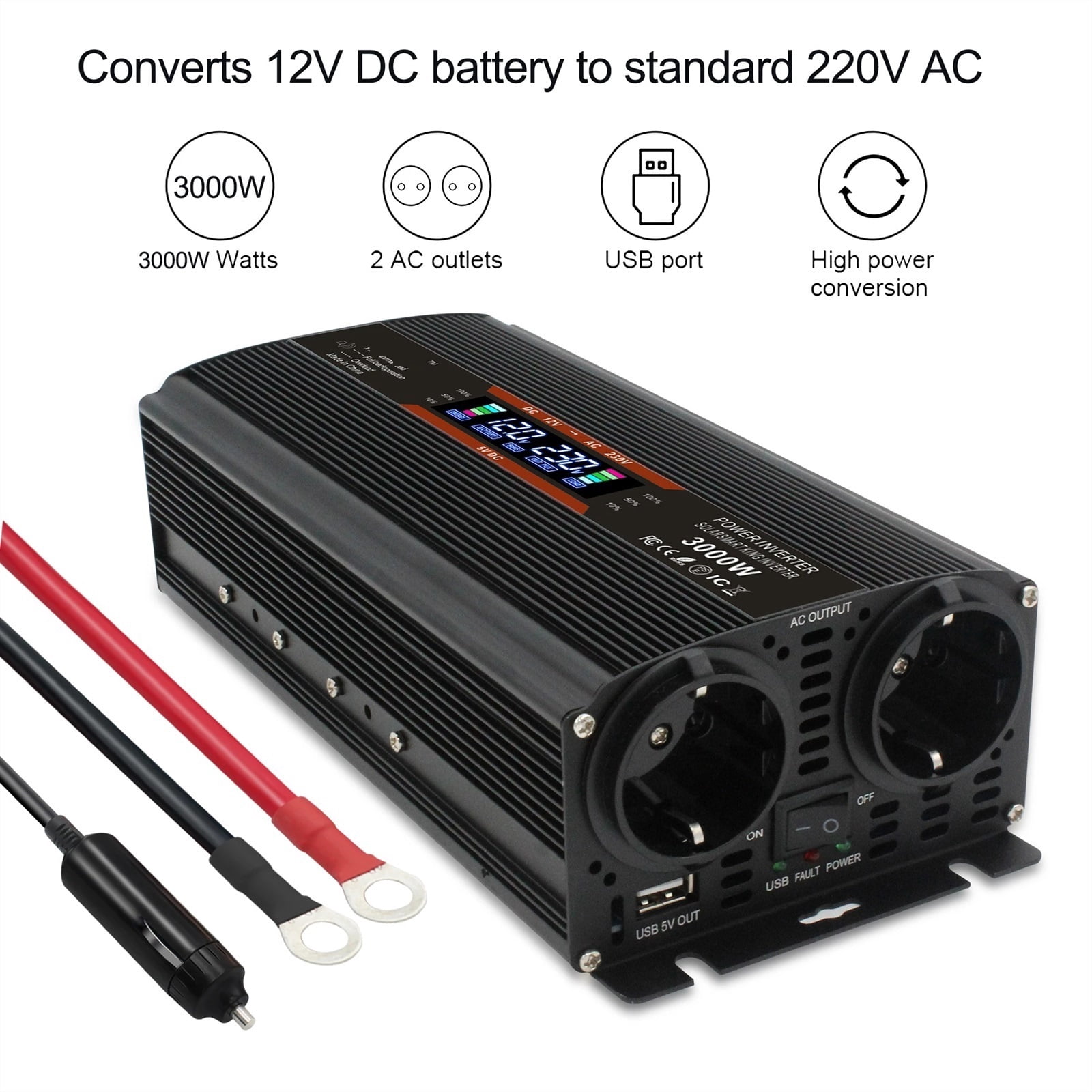 LCD 3000W Car Inverter DC 12V/24V to AC 220 230 Voltage Display Solar Power Converter Dual Replaceable Fuse