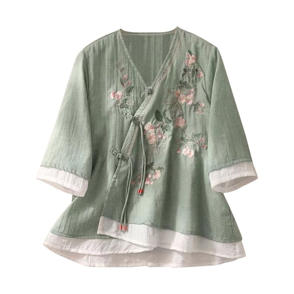 Linen Blend Shirt Soft Cotton Top Y2K Cotton Linen Shirt Button Down Shirt Cute Floral Embroidery Top Boho Style Blouse Relaxed Fit Summer Blouse Casual Tops for Women Vacation Tops