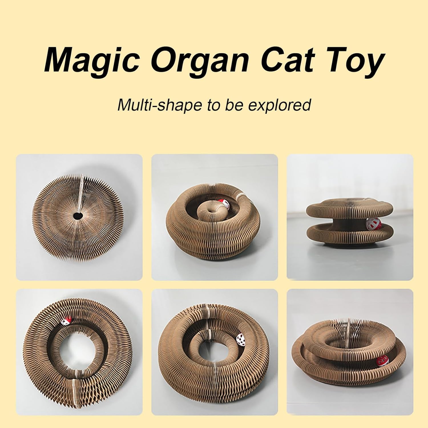 THBN Kitty Curlz Cat Toy, Magic Organ Cat Interactive Scratcher Cardboard with Bell Ball, Foldable & Changeable Accordion Shape Exercise Anxiety Relief Toy for Indoor Cats(1PCS)
