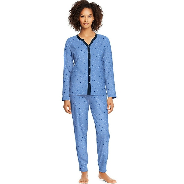 Hanes - Hanes Women's Faux Button Front Top & Jogger Pants Sleep Set-S/Tossed Dots - Walmart.com