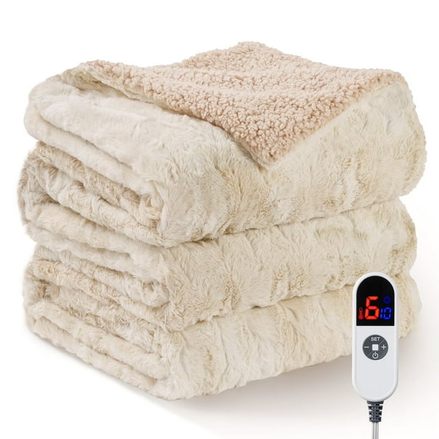 MARNUR Heated Blanket Full Size, 72"x84" Electric Blanket Full with Faux Fur & Sherpa, Heating Blanket with 6 Heat Levels, 10H Timer, LED Display, Machine Washable, Tie-Dye Off-White