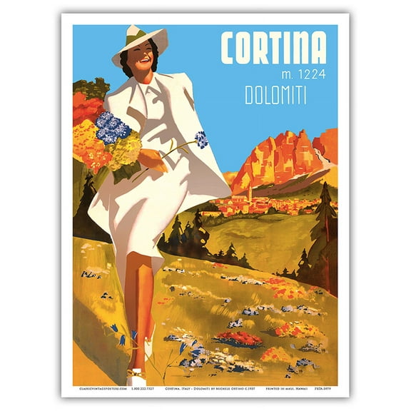 Cortina Italy - Cortina d'Ampezzo - Elevation 1224 Meters - Dolomiti (Dolomite Mountains) - Vintage Travel Poster by Michele Ortino c.1937 - Master Art Print (Unframed) 9in x 12in