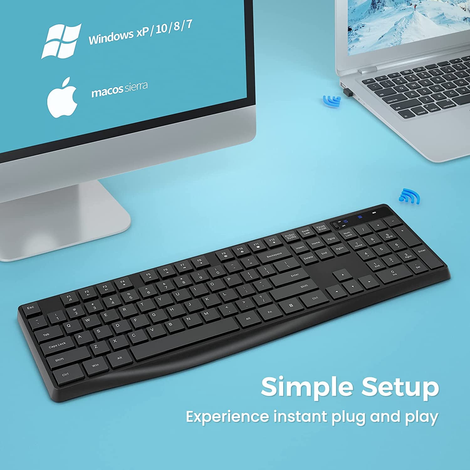 Wireless Keyboard MK98, 2.4G USB Computer Cordless Keyboard, Enlarged Indicator Light, Ergonomic Full Size PC with Number Pad for Windows, Laptop, Desktop, Chromebook, Notebook, Black