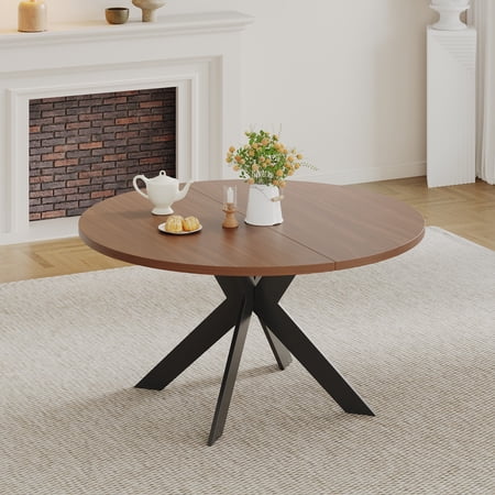 Round Dining Table Solid Boxwood Wood Construction with Walnut Finish 115cm Diameter Brown Circular Kitchen Table for Dining Room and Living Room Easy Assembly Design