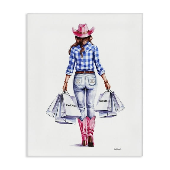 Stupell Industries Cowgirl & Shopping Bags People Painting Wrapped Canvas Art Print Wall Art, 16 x 20