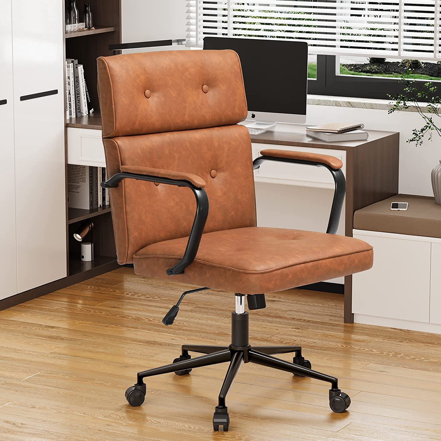 Computer Chair with Detachable Armrest, Brown MidBack Ergonomic Home