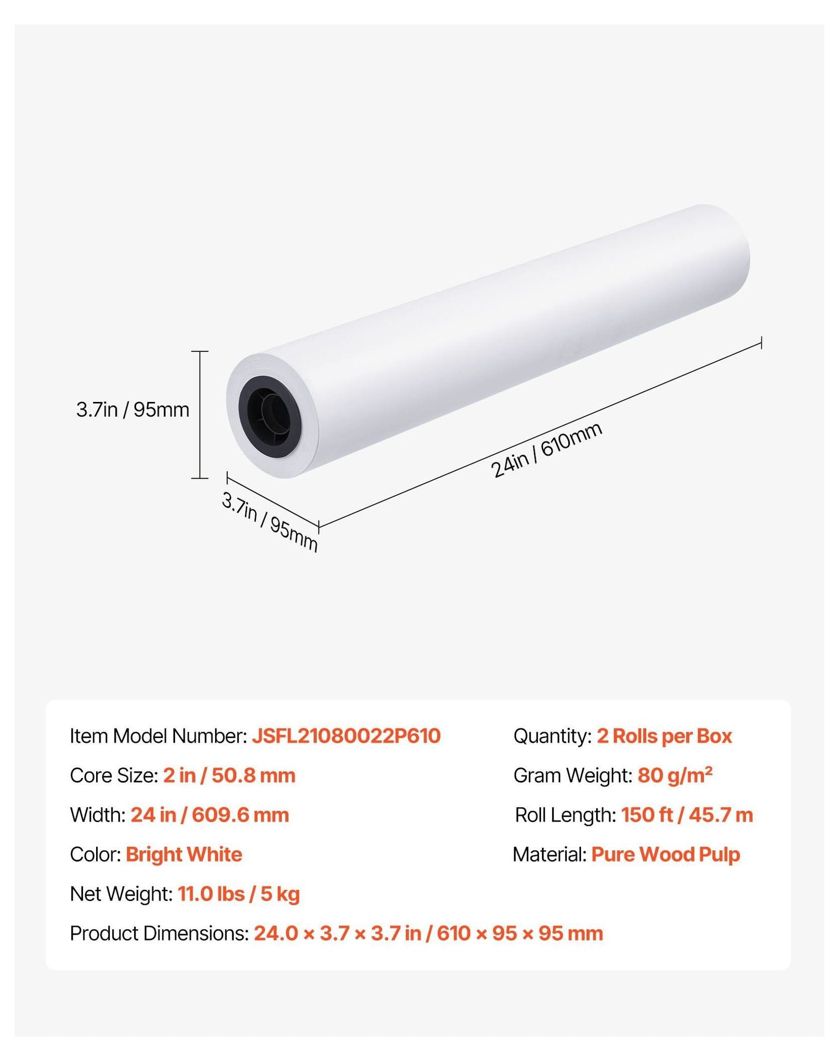Wide Format Paper 24x150ft, 2 Rolls CAD Plotter Paper, 20lb Bond, 2in Core - Engineering Plans, Architectural Designs, GIS Maps