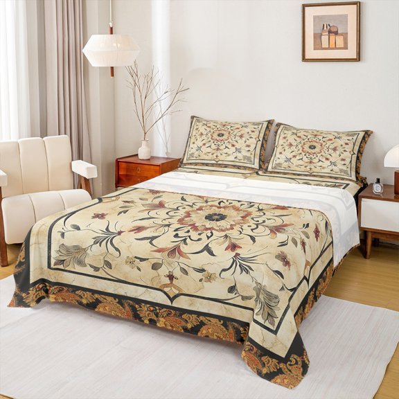 Manfei Bohemian Flower 3pcs Twin Sheet Sets,Exotic Style Twin Fitted Sheet,Boho Mandala Breathable Flat Sheet,Lightweight Vintage Bedroom Decoration