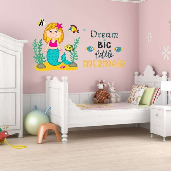 Colorful Fish Dream Big Little Mermaid Half Shell Seahorse Sled Statfish Princess Queen Sweet Dreams Bedtime Unicorn Lovely Dear Dream Decorating Wall Decal Sticker - Size: 40 In X 24 In