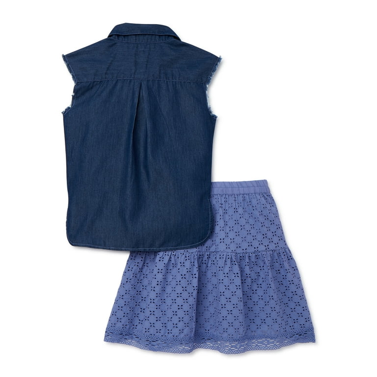 Kensie Girls Tie Front Chambray Top and Lace Eyelet Skirt 2 Piece
