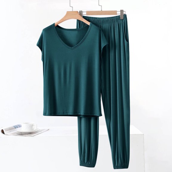 Juslio Ladies Pajamas Solid Homewear Fashion Modal V-Neck Tops and Pants 2 Piece Matching Pajamas Sets L