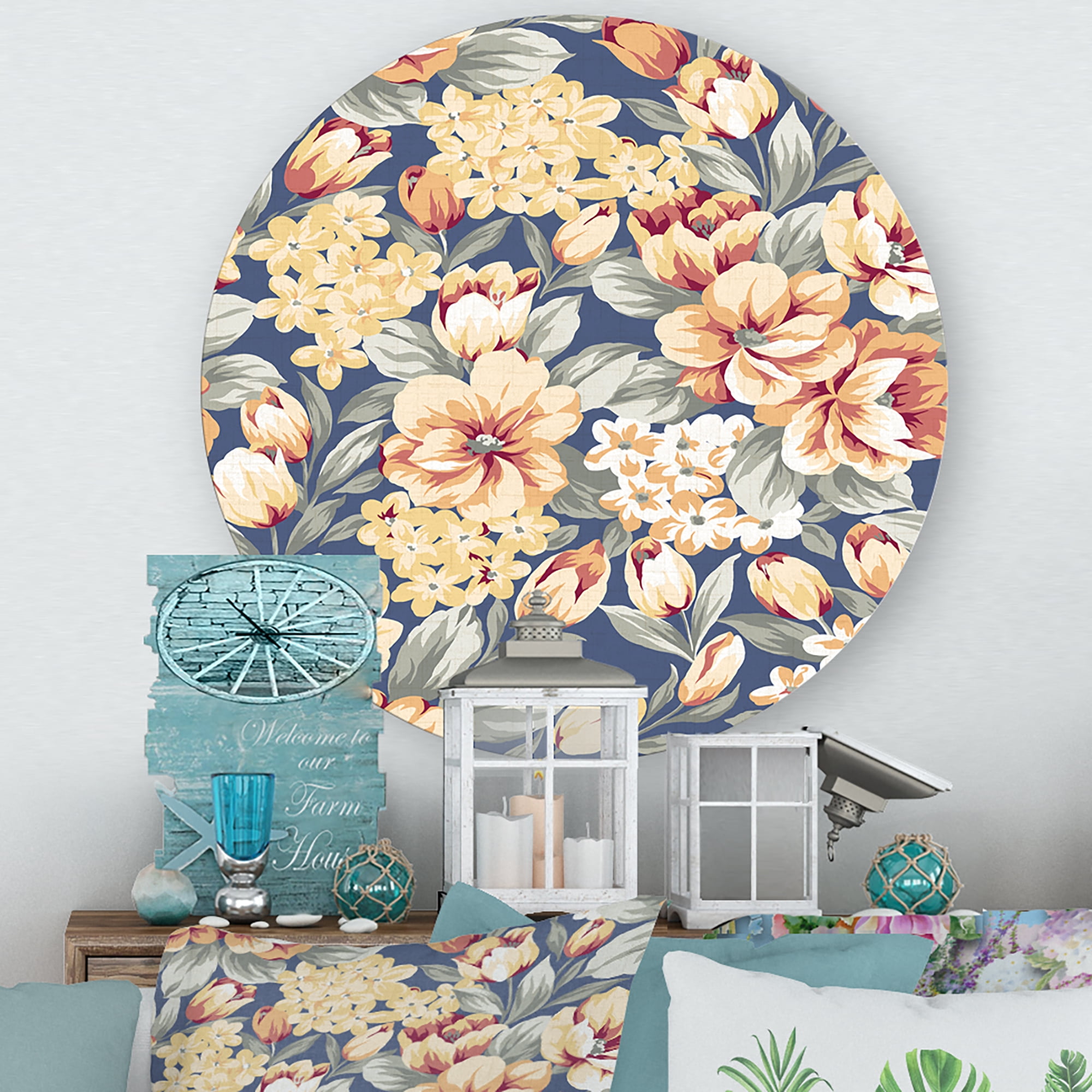 Designart 'Vintage Orange and Yellow Flowers' Traditional Circle