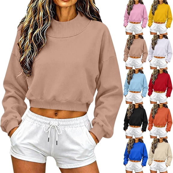 Womens Mock Neck Sweatshirts Long Sleeve Loose Fit Cropped Shirts Casual Soft Trendy Shirts Basic Tees Cute Y2K Fashion Pullover Top Tunics 2026 Fall Outfits Fall Winter Outfits Clothes Khaki M