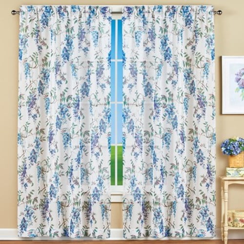 Elegant Sheer Fabric Floral Print Window Curtain Blue 52x84 Walmart Com Walmart Com